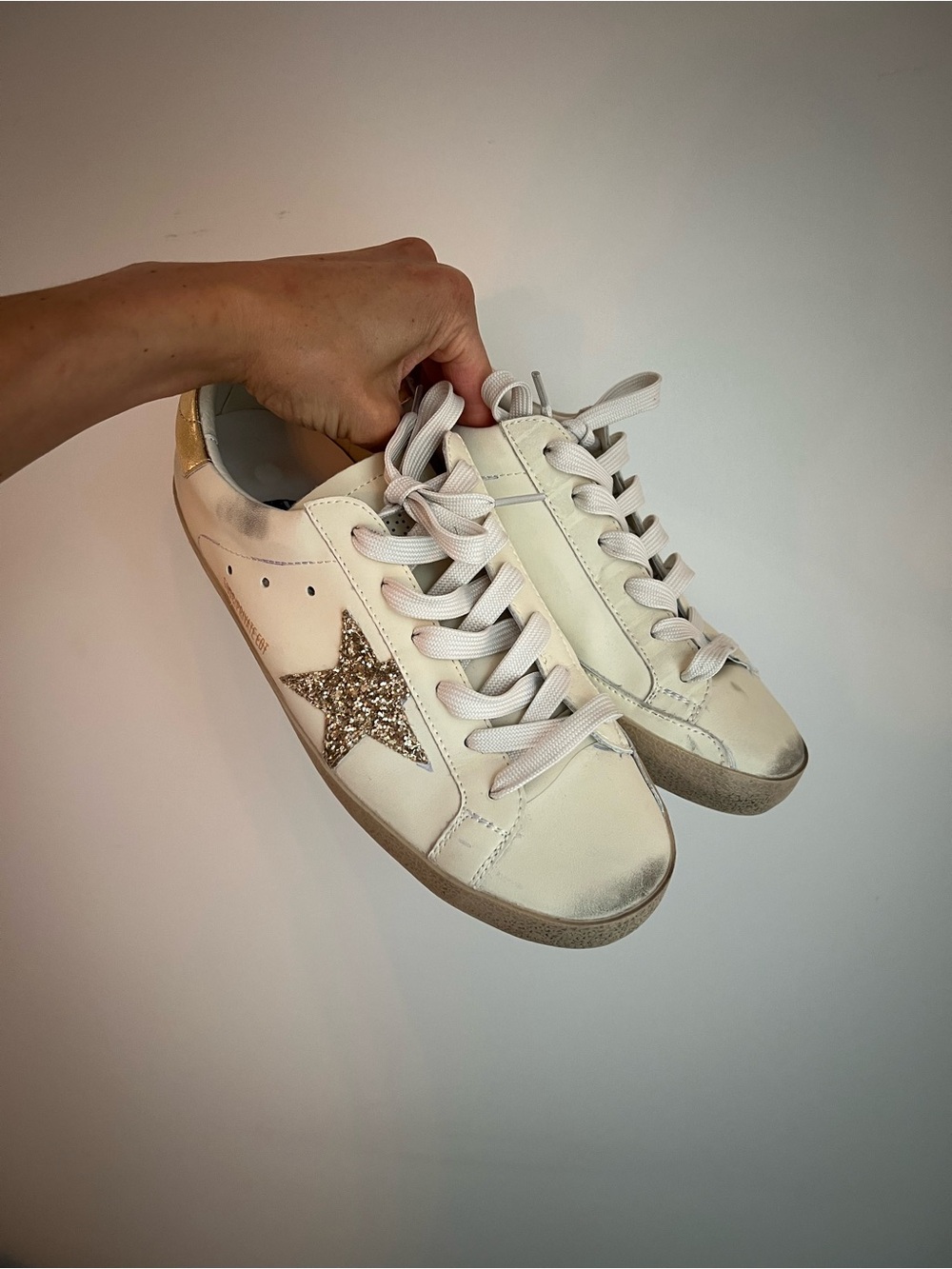 Golden Goose White Leather Sneakers with Gold Glitter Star Accent